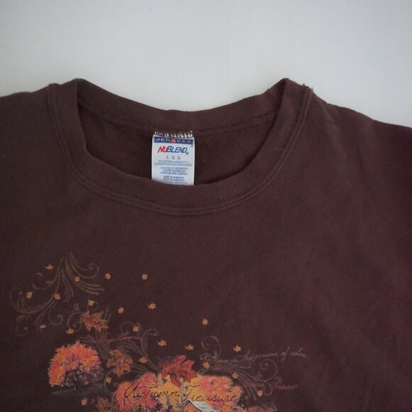Vintage Jerzees Brown Autumn Landscape Cabin Lake Leaves Graphic Sweatshirt L - Picture 9 of 9